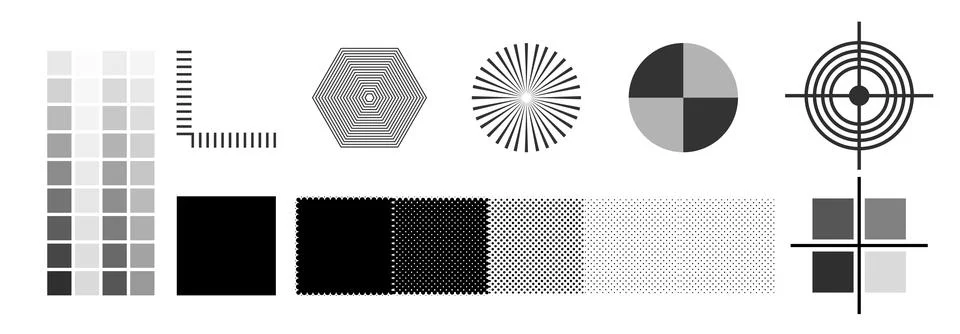 Printer Test Page Vector Set with Grayscale Color Chart, Registration Marks Stock Illustration