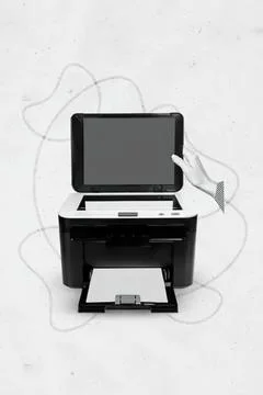 Printer with touchscreen and paper tray in office setting Stock Photos