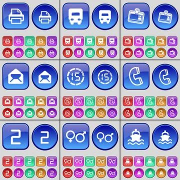 Printer, Truck, Contact, Message, Countdown, Receiver, Two, Gender symbol, Ship. Stock Illustration