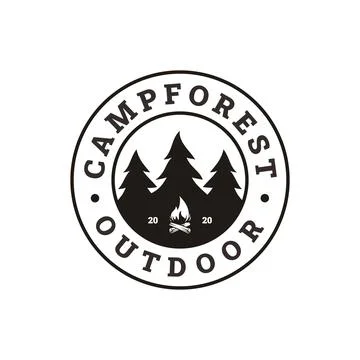 PrintFir Pines Evergreen tree, bonfire camp outdoor adventure stamp badge log Stock Illustration