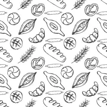 PrintHand drawn seamless pattern of bread and bakery products. Baked goods ba Stock Illustration