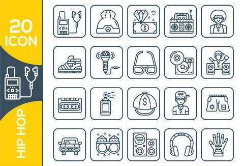 PrintHiphop Elements , Thin Line and Pixel Perfect Icons.Vector grey hip hop  Illustrazione stock