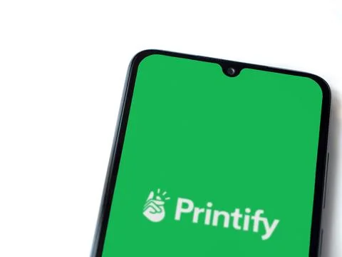 Printify app launch screen on smartphone on white background Stock Photos