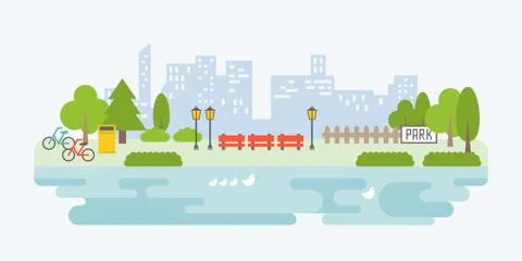 PrintInfo graphic and elements of public park in city with building background Stock Illustration