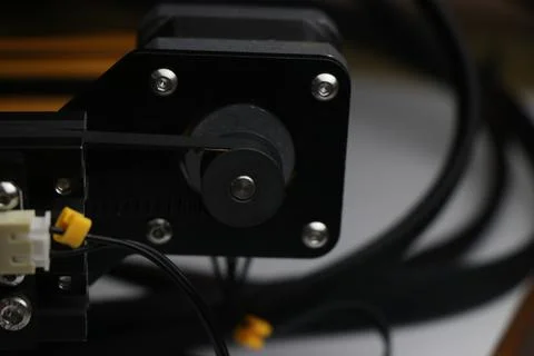 Printing bed movement of 3D Printer machine moves by stepper motor with belt Stock Photos