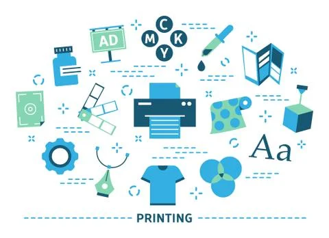 Printing concept. Printer machine, big industry. Isolated illustration Illustrazione stock