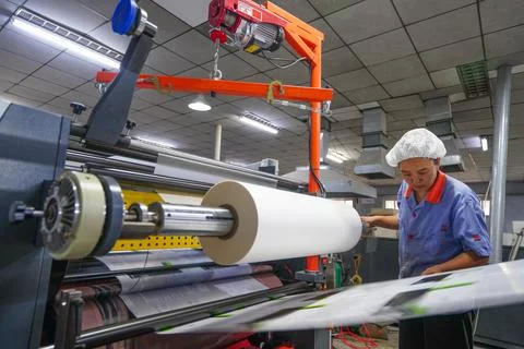 Printing Female Worker Debugging Paper Roll of Laminating Machine Stock Photos