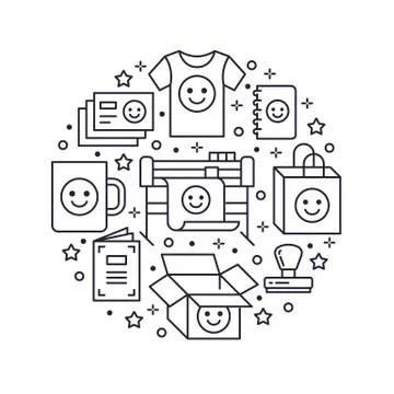 Printing house circle poster with flat line icons. Print shop equipment - Stockillustratie