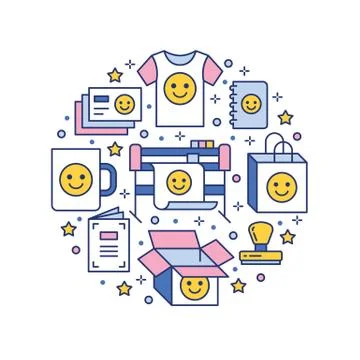 Printing house circle poster with flat line icons. Print shop equipment - Stockillustratie