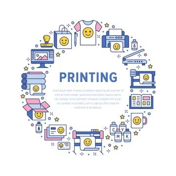 Printing house circle poster with flat line icons. Print shop equipment - Illustrazione stock