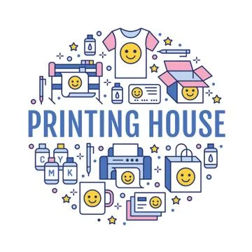 Printing house circle poster with flat line icons. Print shop equipment - Stockillustratie