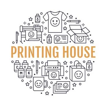 Printing house circle poster with flat line icons. Print shop equipment - Illustrazione stock