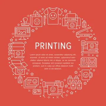 Printing house circle poster with flat line icons. Print shop equipment - Stock Illustration