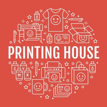 Printing house circle poster with flat line icons. Print shop equipment - Stockillustratie