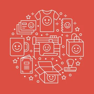 Printing house circle poster with flat line icons. Print shop equipment - Stock Illustration