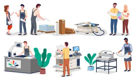 Printing house different equipment. Printer plotter, offset cutting machines and Illustrazione stock