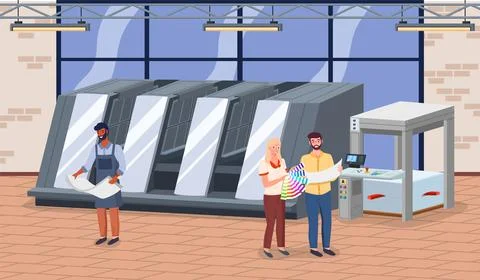 Printing house equipment. Printer plotter, offset cutting machines, man and Illustrazione stock