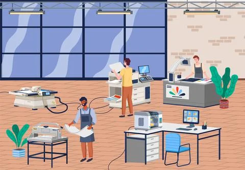 Printing house equipment. Printer plotter, offset cutting machines, man and Illustrazione stock