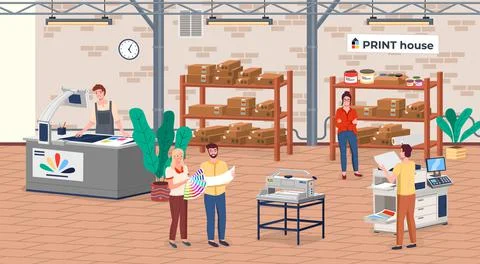 Printing house equipment. Printer plotter, offset cutting machines, man and Illustrazione stock