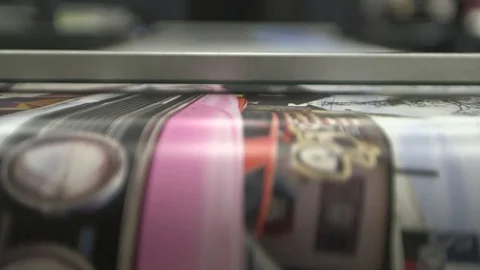 Printing house machine at work. Colors print CU view Video stock 90992980