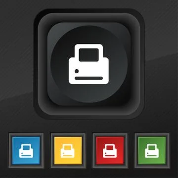 Printing  icon symbol. Set of five colorful, stylish buttons on black texture Stock Illustration