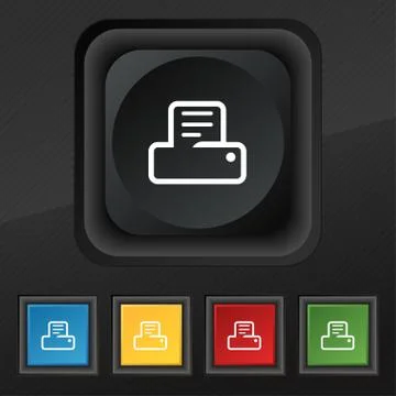 Printing icon symbol. Set of five colorful, stylish buttons on black texture  Stock Illustration
