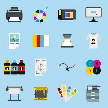 Printing icons set, flat style Stock Illustration