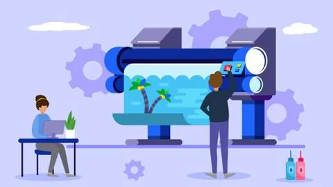 Printing industry, tiny character work in creative business office, flat vector Ilustración de archivo