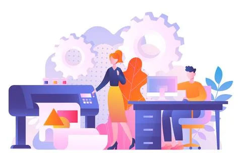 Printing industry workers. Man and woman near printer and copier. Printing house Illustrazione stock