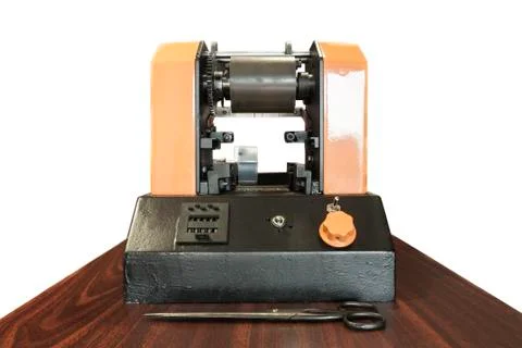 Printing labels on Label Printing machine - Old printing machine Stock-Fotos