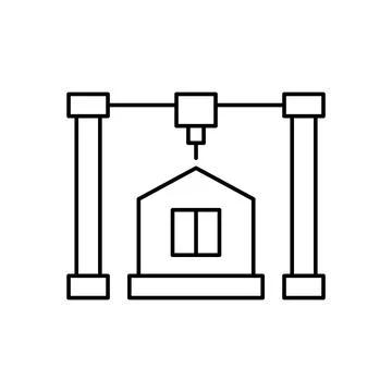 Printing modular house construction, line icon. Building home from prefabricated Stock Illustration