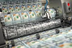 Money printing machine printing 100 dollar banknotes. 3D illustration:  Graphic #127979721