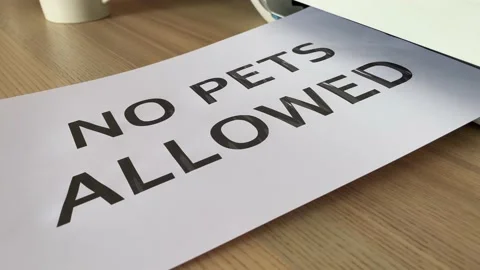 Printing “NO PETS ALLOWED” black text written message on paper A4 document Stock Footage 180054629