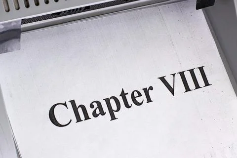 Printing page with Chapter VIII text from a document for publishing or reading Stockfoto's