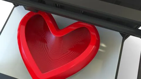 Printing plastic red heart shape with a volumetric printer, 3D rendering Stock Illustration