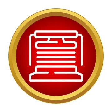 Printing press icon in white on a red button with a gold rim Stock Illustration