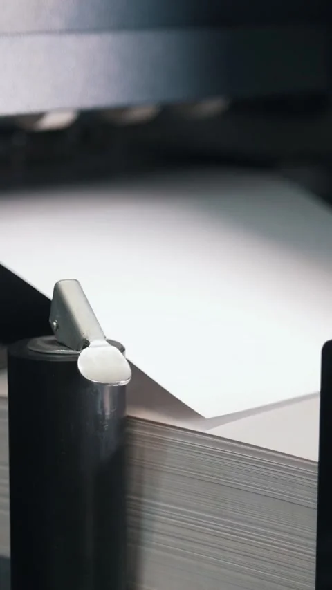 Printing press machine takes sheet of paper in action in the printing production Stock Footage 346706923