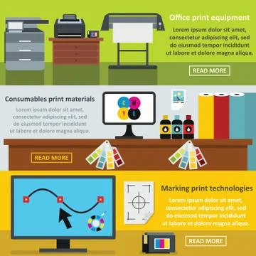 Printing process banner horizontal set, flat style Stock Illustration