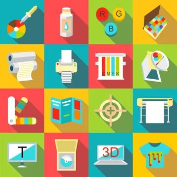 Printing processes icons set, flat style Ilustración de archivo