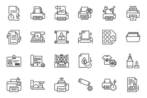 Printing service and document office printer equipment line icon set Stock-Illustration