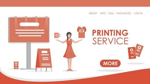 Printing service vector flat landing page template. Woman showing printing イラスト素材