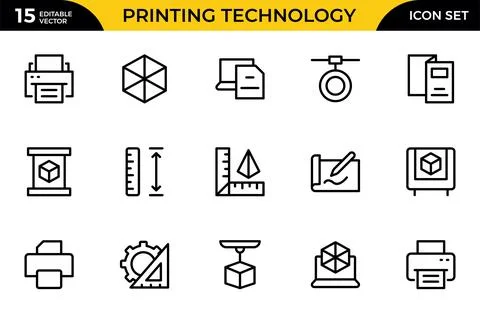 Printing Technology Icon set. Outline icon set of printing techniques: scre.. Stock Illustration