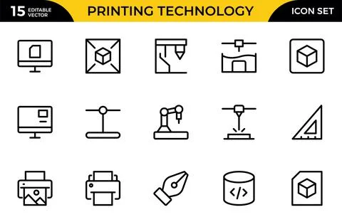 Printing Technology Icon set. Outline icon set of printing techniques: scre.. Stock Illustration