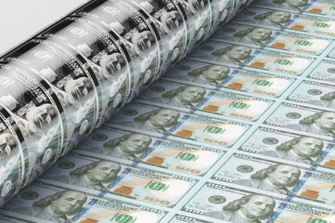 Printing US dollar banknotes, 3D rendering Stock Illustration