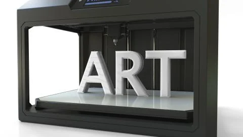 Printing white ART text with a 3D printer, 3D rendering Stock Illustration