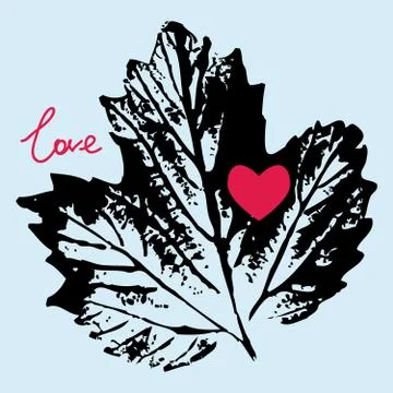 Prints black leaf on a blue background, love. vector Stock Illustration