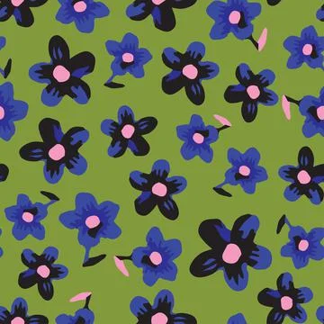 Printseamless cute pattern background with doodle blue flower , greeting card Stock Illustration