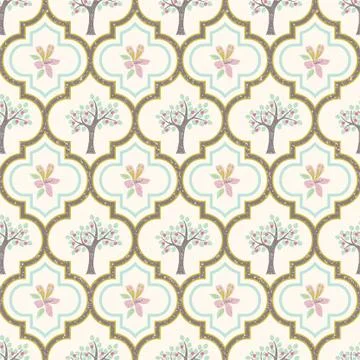 PrintVector repeat seamless pattern with tiles, geranium flowers and apple trees Stock Illustration