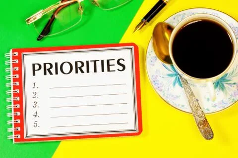 Priorities - text label in the planning tasks Notepad. Stock Photos