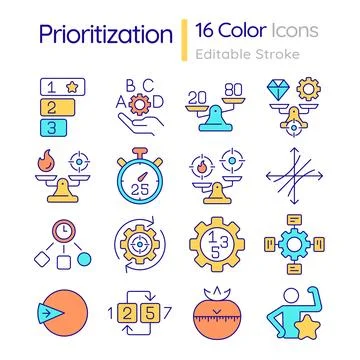 Prioritization methods RGB color icons set Stock Illustration
